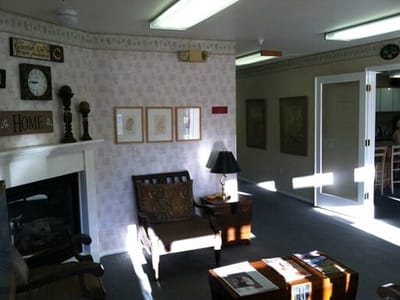 Bright common area with seating and decorations