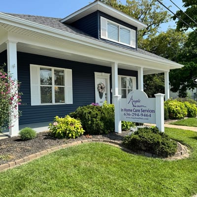 Exterior view of a senior care facility with landscaping