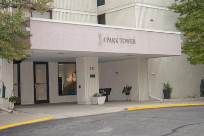 Exterior view of the Park Tower Apartments entrance