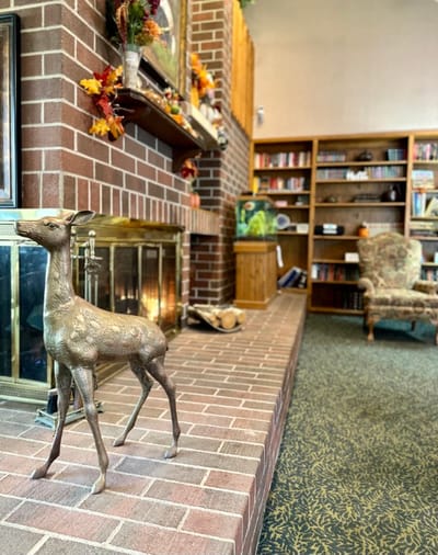 Cozy interior lounge with a decorative deer statue