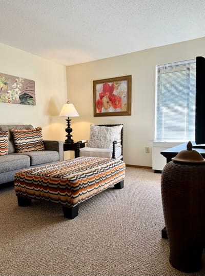 Cozy living room with a comfortable couch and decorative artwork