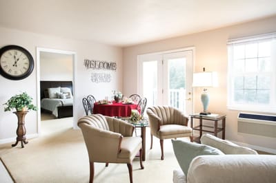 Cozy interior lounge space with seating and decor