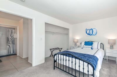 Brightly decorated bedroom in a senior living facility