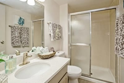 A well-decorated bathroom in a resident unit