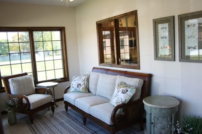 A comfortable sitting area with floral decor