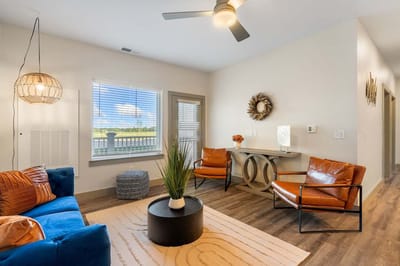 Bright common area with modern furniture