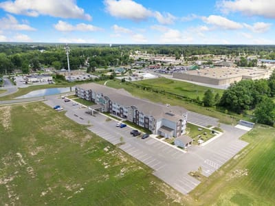 Aerial view of the 41 North Senior Living facility with parking