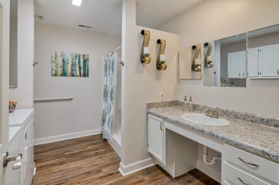 Bright bathroom with modern fixtures and decor