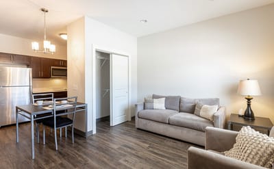 Cozy interior of a resident apartment with kitchen and living area