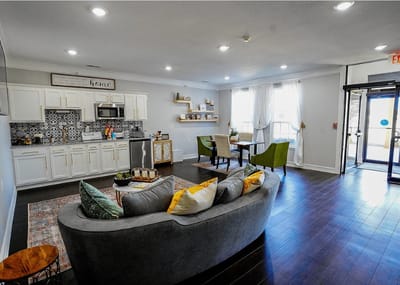 Cozy common area with seating and kitchen