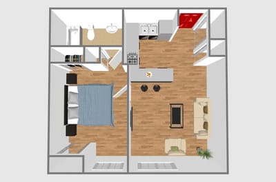 Architectural floor plan of a one-bedroom unit