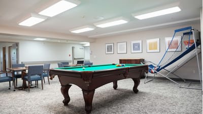 Common area with a billiards table and basketball hoop