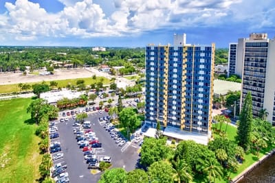 Aerial view of the Ft Myers Presbyterian Community building and parking lot