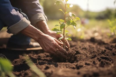 A person planting a young tree in a garden