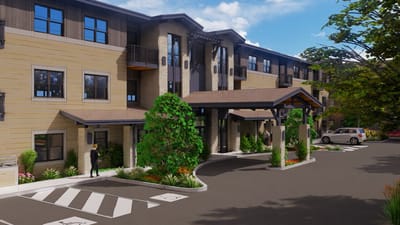 Exterior view of a senior living facility entrance