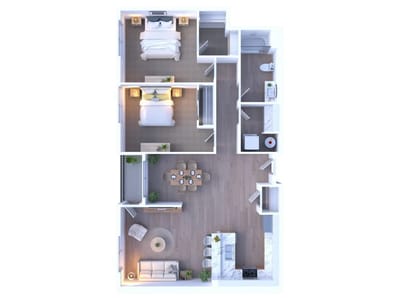 Architectural floor plan of a two-bedroom unit
