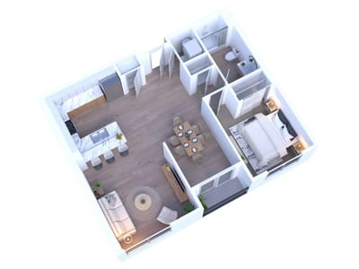 3D floor plan of a one-bedroom apartment