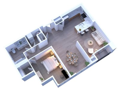 Aerial view of a modern apartment layout with living and dining areas