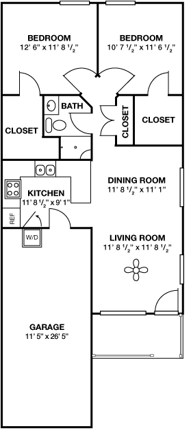Architectural floor plan of a two-bedroom layout