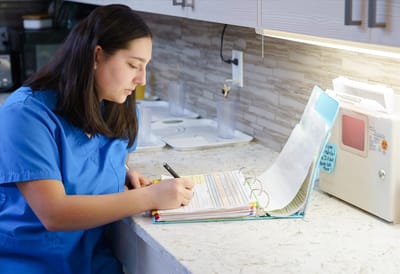 Staff member writing notes in the kitchen