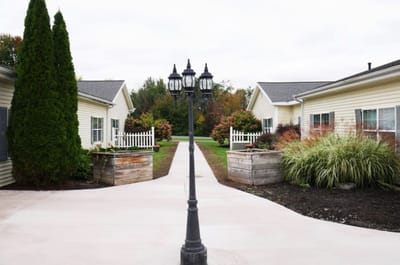 Pathway between buildings with landscaping