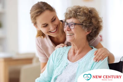 Logo of New Century Home Care with staff and resident