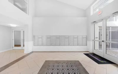 Bright foyer with mailboxes in a nursing home
