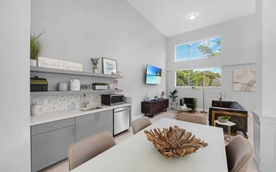 Bright common area with modern decor and seating