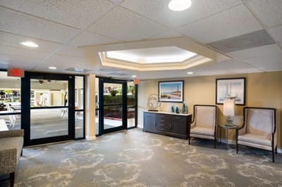 Interior shot of a welcoming lobby with seating