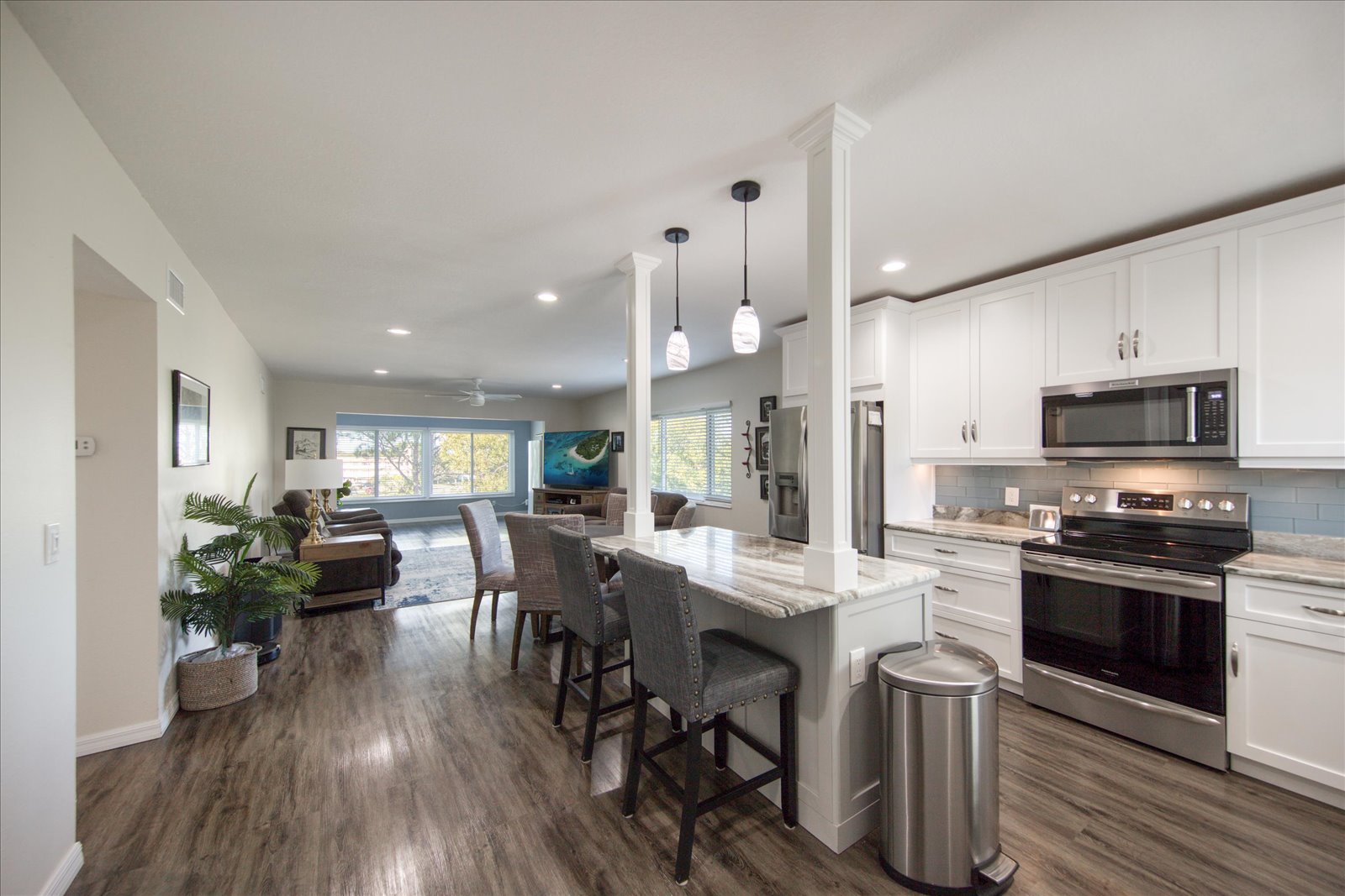Bright and modern kitchen and common area in a senior living facility