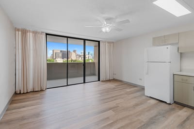 Interior of a resident room with a city view