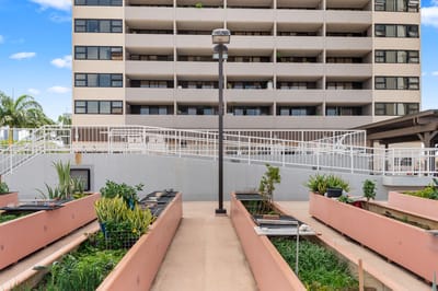 Outdoor garden area with raised planting beds