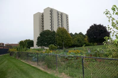 Exterior view of Park Tower Apartments with gardens