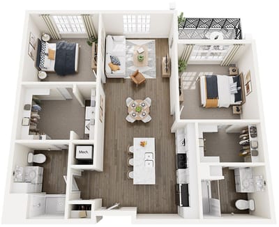 Aerial view of a two-bedroom floor plan layout