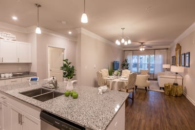 Bright common area with dining and living spaces