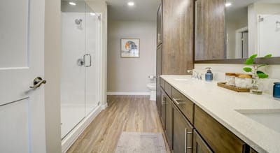 Modern bathroom interior with shower and cabinetry