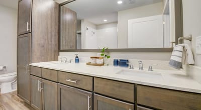 Modern bathroom with double sinks and large mirror