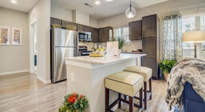 Modern kitchen area with seating and decorations