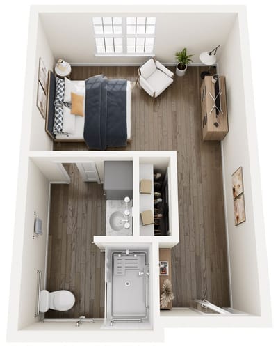 Overview of a small private resident room layout