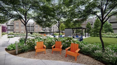 Vibrant outdoor seating area with colorful chairs