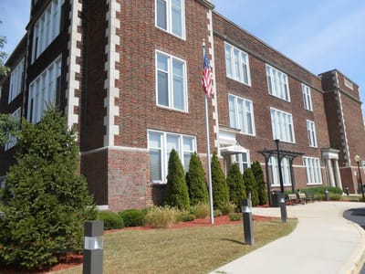Exterior view of the Historic Jeff Center Senior Apartments building