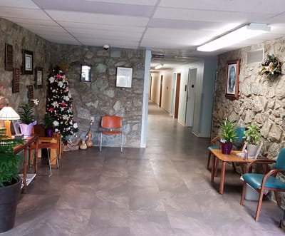 Interior view of a welcoming common area with decorations