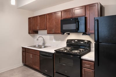 Interior view of a kitchen in a senior living unit