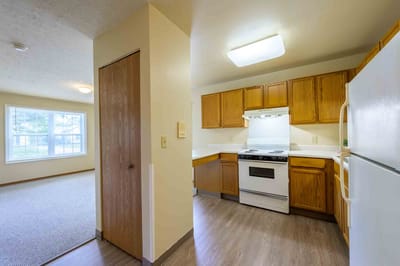 Kitchen area view in a resident apartment