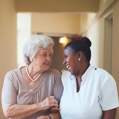 Senior resident and staff member sharing a moment.