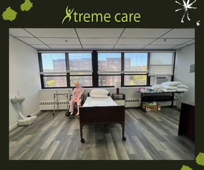 Resident in a room with a walker.