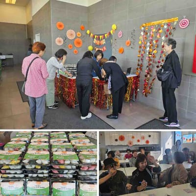 Residents participating in a festive meal activity.
