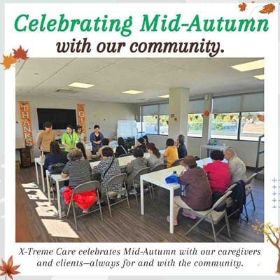 Residents and staff celebrating Mid-Autumn together.