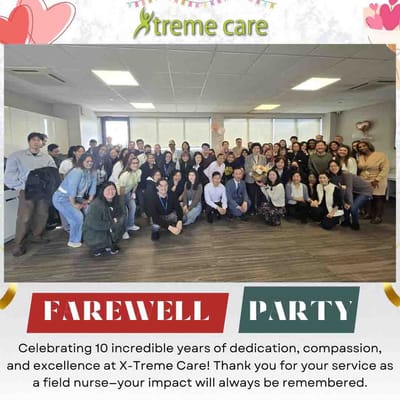 Staff and residents celebrating at a farewell party.