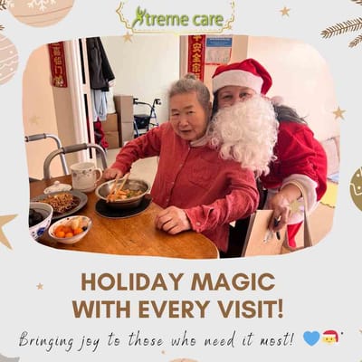 Resident enjoying a holiday meal with Santa